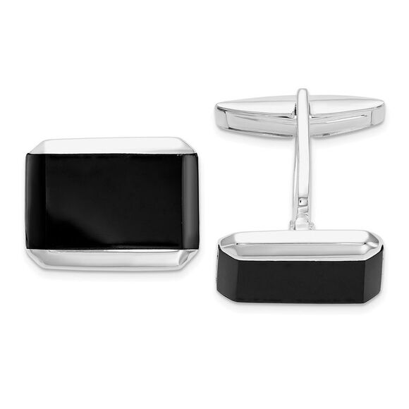 Rhodium Plated Sterling Silver & Black Onyx Cuff Links 17 x 13mm